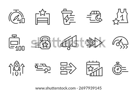 Running and Speed line icon set. Running sport, marathon, runner, race, finish line, treadmill, speedometer, stopwatch line icon set. Ui thin line icon pack.