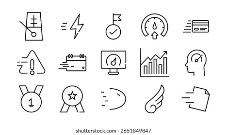  Running and speed linear icon set. Motion, productivity, fitness, slow, movement, sports, gauge, dynamic, indicator, express, turbo, speeding, fast, boost, vector icon set. UI thin line icon pack