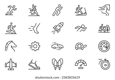 Running Speed outlineIcon Set. Dynamic icons capturing the essence of motion, sprinting, and velocity for fitness apps, sports branding, and training materials.