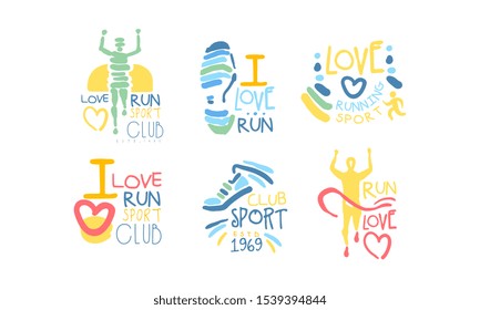 Running Sport Club Logo Set, I Love Run Retro Hand Drawn Labels Vector Illustration