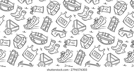Running sport kit doodle background. Marathon equipment pattern background. Cute runner seamless pattern. Jogging hand drawn seamless pattern with shoes, socks, medal, bottle, energy gell.