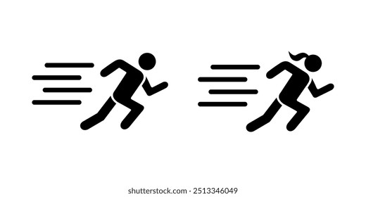 Laufsport Person Silhouette Symbole. Sprint, Athletik, Marathon, Jogging Rennen, schneller Lauf, Laufstrecke, Fitness. Symbol für Wettbewerbsgeschwindigkeit. Für Web, App, Aufkleber, Emblem, Veranstaltungsmodell. Vektorgrafik