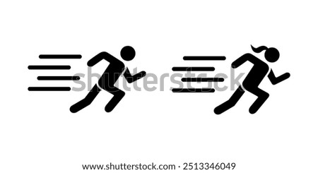 Running sport person silhouette icons. Sprint, athletic, marathon, jogging race, fast run, run track, fitness. Competition speed symbol. For web, app, sticker, emblem, event model. Vector illustration