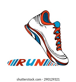 Running sport shoe symbol. Sport icon isolated on white background. Colourful text "RUN" on its sole.