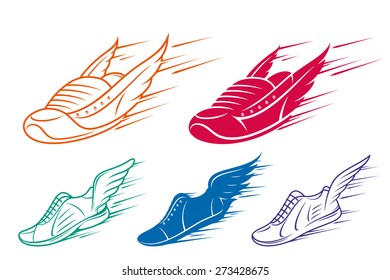 Running sport shoe with wings and motion trails isolated on white