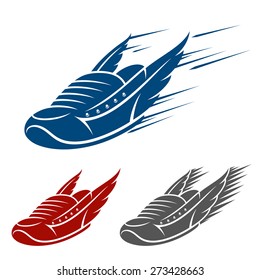 Running sport shoe with wings, speed and motion trails