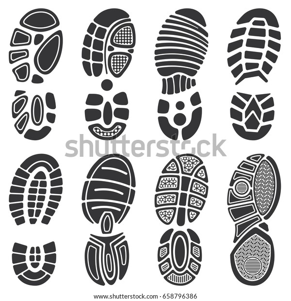 Running sport shoes vector\
footprint set. Silhouette of sole print, black track shoe\
illustration