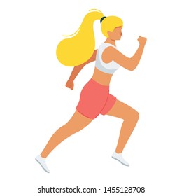 Running sportive girl flat vector illustration. Blond-haired woman wearing sports outfit cartoon character. Caucasian girl running marathon. Exercise and athletics isolated design element