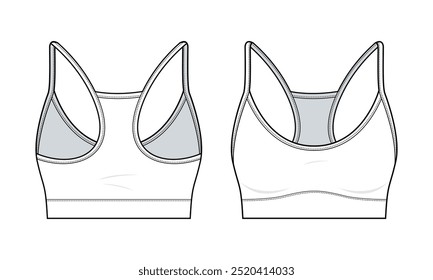 Running Sports Bra technical fashion illustration. Sports Bra vector template illustration. front and back view. Fitness Underwear. Women Athletic. white color. CAD mockup set.