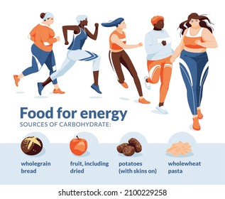 running sports and eating for energy. Infographics. A group of different women running on a white background. Diet food icons. Flat vector illustration