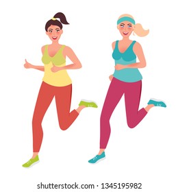 Running sports girls. Morning fitness classes. Vector illustration of healthy people