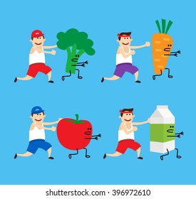 running sports man chasing healthy food set. running products broccoli carrot tomato milk with arms and legs cartoon illustration