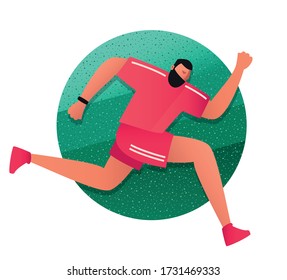 Running sports man dressed in a tracksuit.  Summer runner in the fresh air. Physical activity. Vector flat illustrations in the style of comics