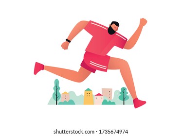 Running sports man dressed in a tracksuit.  Summer runner in the fresh air. Physical activity. Vector flat illustrations in the style of comics