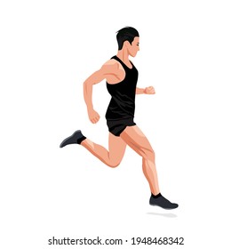 Running sports man vector stock illustration. A man in a sports uniform on a treadmill. Marathon, sprint, training, workout. Isolated on a white background.