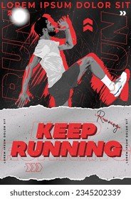 Running sports poster design with runner's realism vector design illustration. with red and gray noise ripped paper. run poster. marathon. city marathon. street art. sports poster.