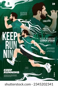 Ejecutando el diseño de afiches deportivos con la ilustración de diseño de vectores de realismo del corredor. con un diseño de humo verde y blanco. afiche de correr. maratón. maratón de la ciudad.