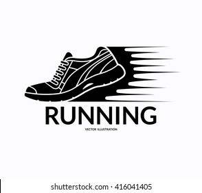 Running sports shoe icon, symbol or sign.  Training sneaker silhouette with motion trails. Vector illustration isolated on white background