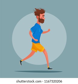 Running. Sporty character. Cartoon vector illustration. Person is training. Funny man runs.