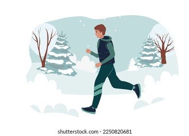Running sporty man in a jacket, warm clothes runs against background of winter landscape. young girl goes in for sports. Hand drawn style vector design illustrations. cartoon. running in winter