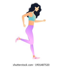 Running sporty woman.  Beautiful girl jogging. Vector flat design of fitness.