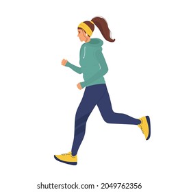 Running sporty woman in a jacket, warm clothes on white background. young girl goes in for sports. Hand drawn style vector design illustrations. cartoon