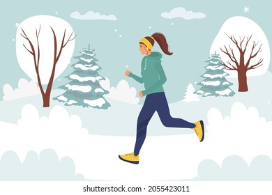 Running sporty woman in a jacket, warm clothes runs against background of winter landscape. young girl goes in for sports. Hand drawn style vector design illustrations. cartoon. running in winter