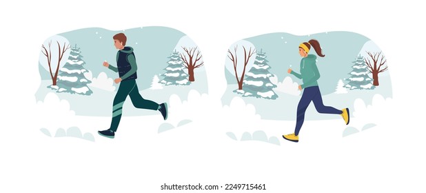 Running sporty woman, man in a jacket, warm clothes runs against background of winter landscape. young girl goes in for sports. Hand drawn style vector design illustrations. cartoon. running in winter