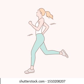 Running sporty woman on white background. Hand drawn style vector design illustrations.