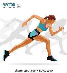 Running sprint, athletic woman. Vector illustration.