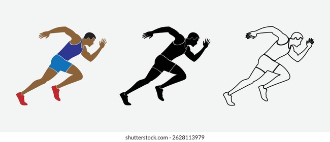 Correr y correr hombres de silueta en movimiento, línea y estilo de Vector de Colores sobre fondo blanco