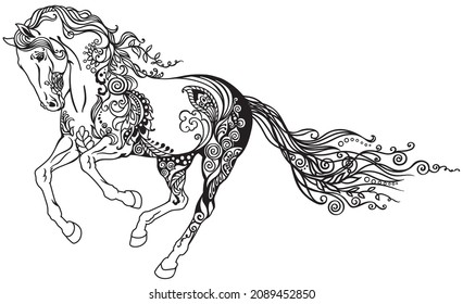 running stallion horse in the gallop. Galloping wild pony or mustang. Floral style. Tattoo. Black and white vector illustration 