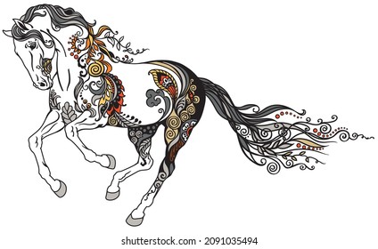 running stallion horse in the gallop. Galloping wild pony or mustang. Floral style. Tattoo. Isolated vector illustration 
