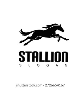 Running stallion silhouette logo in a powerful leap, clean and modern, symbolizing speed, freedom, strength, and energy, perfect for sports brands, racing teams, or bold identity design