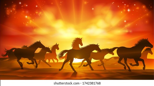 A running or stampeding herd of wild horses in silhouette with a sunset or sunrise in the background