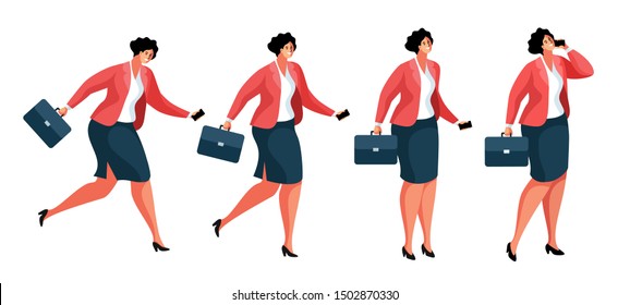 Running, standing and speaking on the phone business woman or office worker. Set of female cartoon characters in business clothes, with briefcase and smartphone. Vector illustration