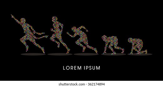 Running step, Never Give up, designed using colorful mosaic graphic vector.