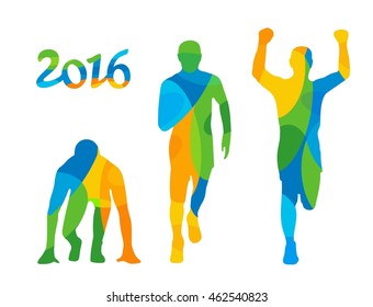 Running step. Runner from start to finish. Front view. Abstract colorful vector illustration. For poster, label, banner, web and Brazil Summer 2016 Games Rio de Janeiro. Isolated on white background