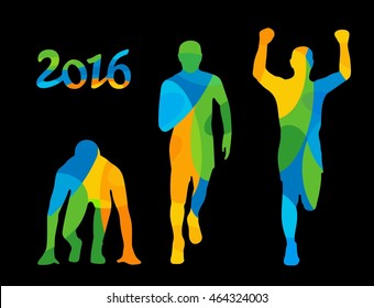 Running step. Runner from start to finish. Front view. Abstract colorful vector illustration. For poster, banner, web and Brazil Summer 2016 Games Rio de Janeiro. Isolated on black background 