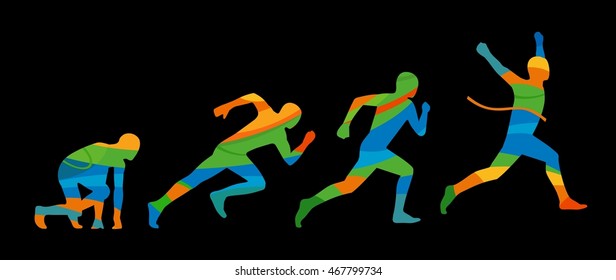 Running Step. Runner From Start To Finish. Side View. Abstract Colorful Vector Illustration. For Poster, Label, Banner, Web. Isolated On Black Background