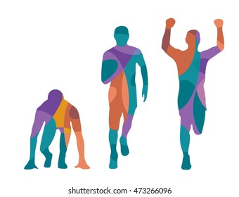Running step. Runner from start to finish. Front view. Abstract colorful vector illustration. For poster, label, banner, web. Isolated on white background