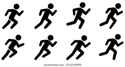 Running stickman motion set, Athlete sprint icon pack, Fast movement figure collection
