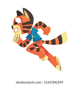 Running Striped Tiger Character with Orange Fur Wearing Blue Sweatshirt Vector Illustration