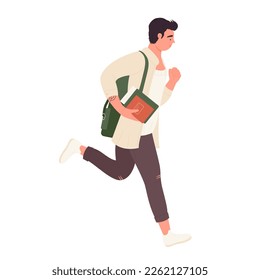 Corriendo a un estudiante. Estudiante con prisa, adolescente tardío en ilustración vectorial