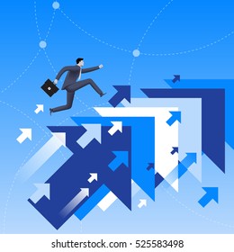 Running up to success business concept. Confident businessman in business suit with case in his hand running up jumping from one flying arrow to another. Successful career, successful investment.