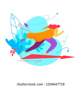 Running up to success business concept. Business woman running to goal with arrow symbol. Career concept. Trendy flat style. Vector illustration.