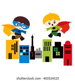 Running superhero boys. Cute vector.