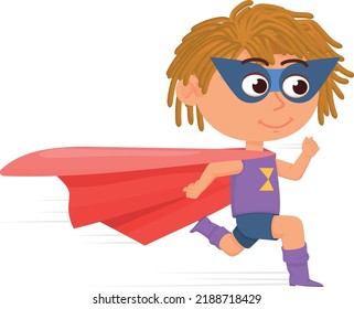 Running Superhero Kid. Lovely Child In Red Cape