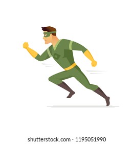 Running superhero - modern cartoon people character illustration isolated on white background. Colorful composition with a boy in green superman costume and mask to the rescue. Support concept