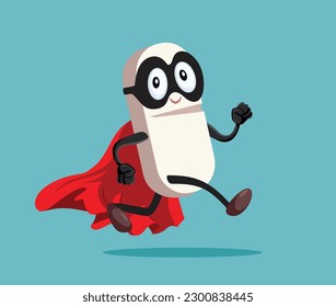 
Running Superhero Vitamin Pill Full of Energy Vector Cartoon Illustration. Vitality booster medical treatment mascot vector design
